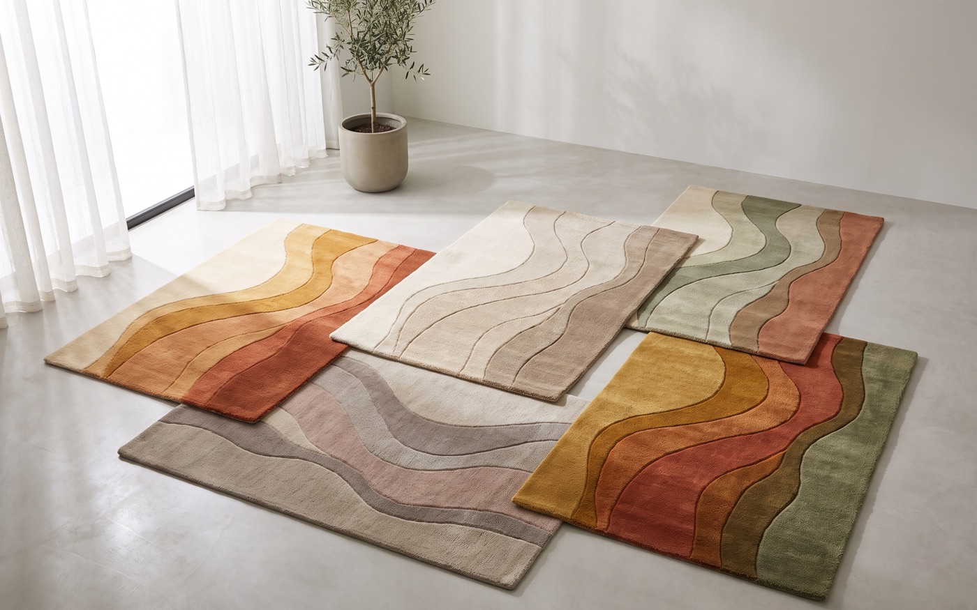 Hand-tufted wool rugs in terracotta, ochre and sage laid out in a sunlit room